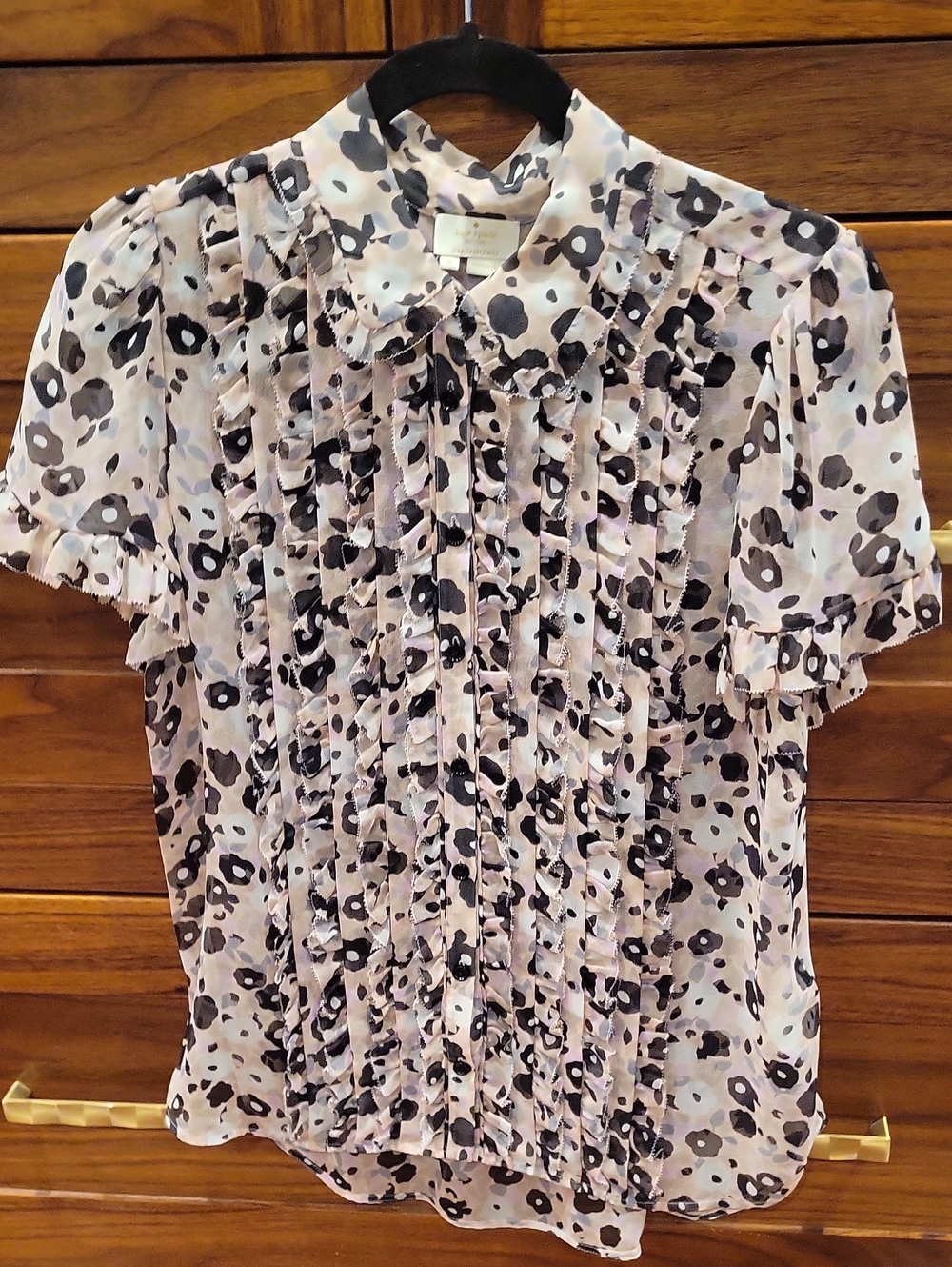 Kate Spade Tuxedo Pink Floral Silk Print Short-Sleeve Ruffle Blouse